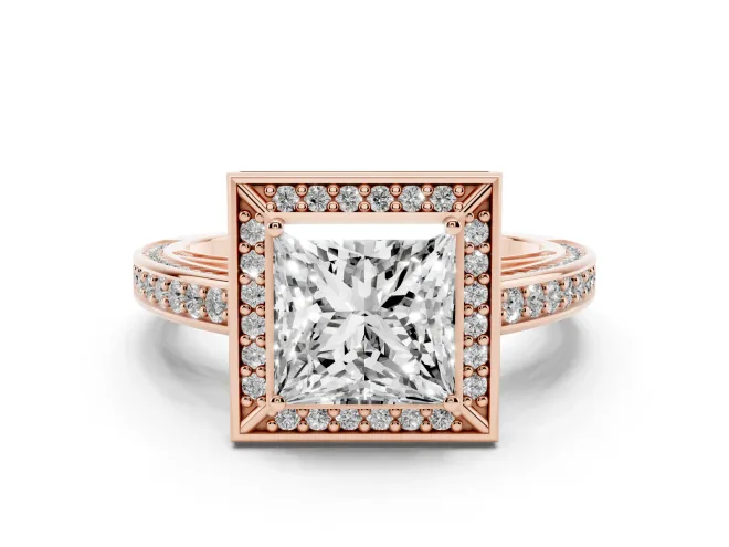 Princess Cut Diamond Halo Pavé Split Shank Ring Set in Rose gold with Prong Setting