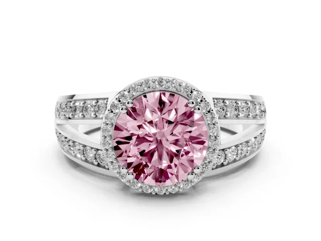 Fancy Pink Round Cut Diamond Halo Ring Set in Silver with Double Pavé Split Shank