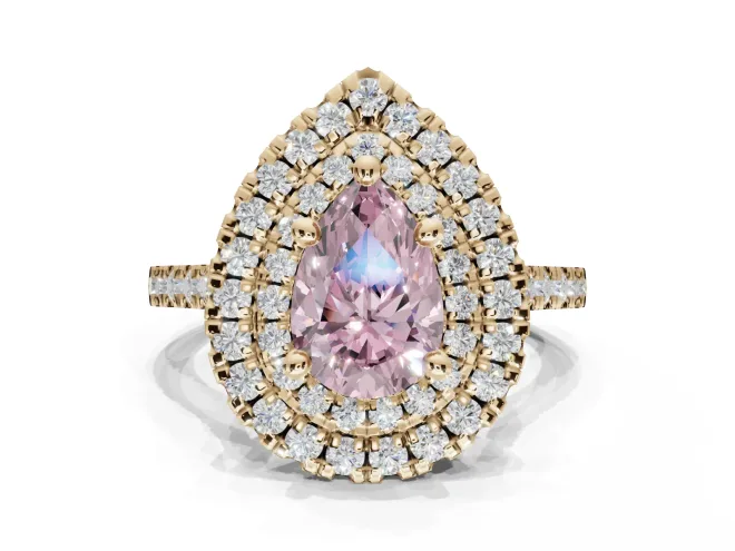 Pear-Shaped Double Halo Engagement Ring Setting for a Fancy Pink Lab-Grown Diamond | Yellow Gold