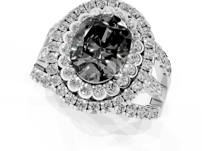 Fancy Black Oval Cut Diamond Double Halo Ring Set in Silver with Round Pavé Split Shank – second view