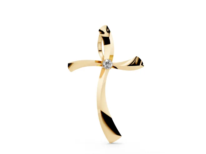 Round Lab-Grown Diamond Curved Cross Pendant Necklace | Sweeping Arms | Yellow Gold