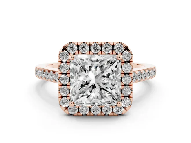 Princess Cut Diamond Halo Pavé Engagement Ring Set in Rose gold with Prong Setting