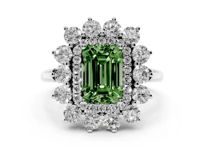 Emerald Cut Floral Double Halo Engagement Ring Setting for a Fancy Green Lab-Grown Diamond | Plain Band | White Gold
