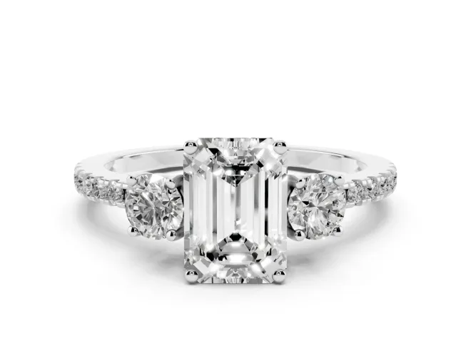 Emerald Cut Three Stone Engagement Ring Setting | Pave Shoulders | Sterling Silver