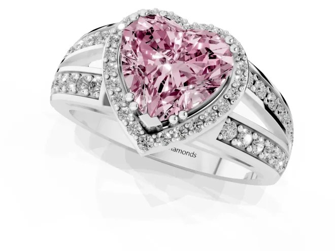 Fancy Pink Heart Cut Diamond Halo Ring Set in White gold with Double Pavé Split Shank – second view