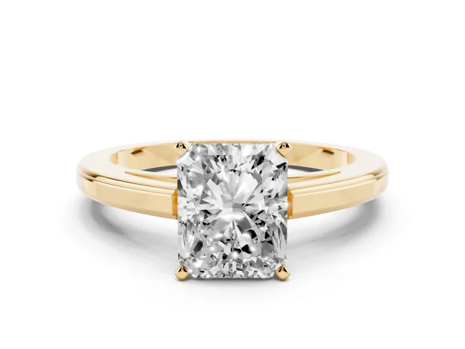 Radiant Cut Diamond Solitaire Ring Set in Yellow gold with Prong Setting and Classic Band
