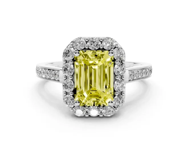 Emerald Cut Floral Halo Engagement Ring Setting for a Fancy Yellow Lab-Grown Diamond | Large Round Accents | White Gold