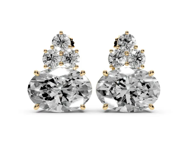 Oval Lab-Grown Diamond East-West Cluster Stud Earrings | Round Accent Trio | Yellow Gold