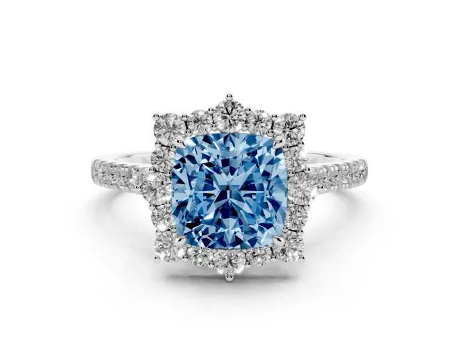 Cushion Cut Halo Engagement Ring Setting for a Fancy Blue Lab-Grown Diamond | Sterling Silver - Design NV-24700