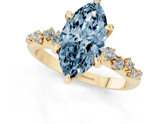 Fancy Blue Marquise Cut Diamond Solitaire Vine Band Ring Set in Yellow gold with Round Accents and Prong Setting – second view