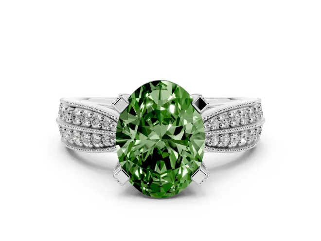 Fancy Green Oval Cut Diamond Solitaire Ring Set in Platinum with Milgrain Double Row Round Pavé Band
