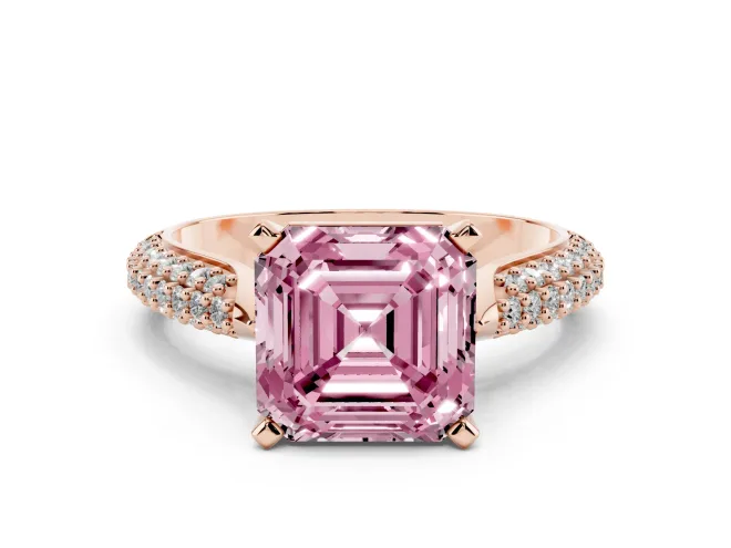 Asscher Cut Pavé Solitaire Engagement Ring Setting for a Fancy Pink Lab-Grown Diamond | Multi-Row Shoulders | Rose Gold
