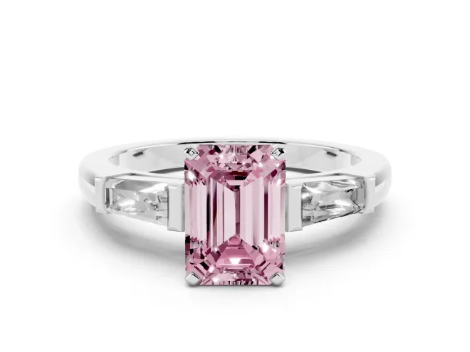 Emerald Cut Three Stone Engagement Ring Setting for a Fancy Pink Lab-Grown Diamond | Tapered Baguettes | Platinum