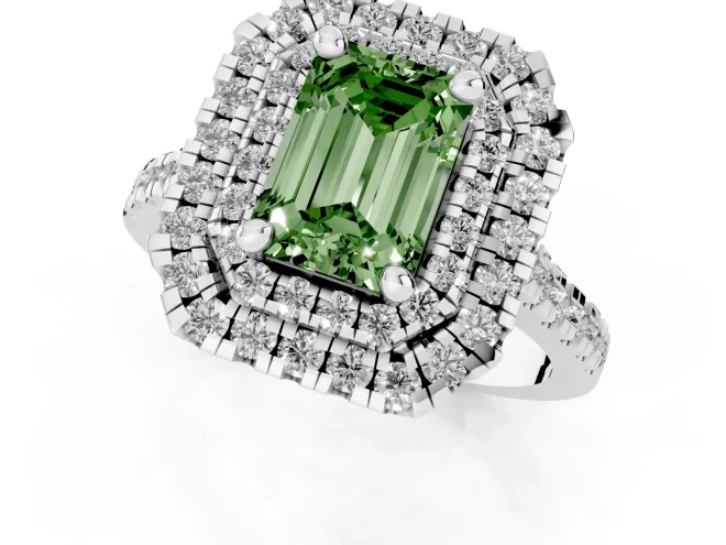 Fancy Green Emerald Cut Diamond Double Halo Statement Ring Set in Silver with Pavé Band – second view