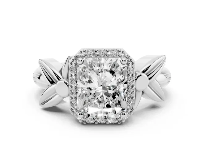 Radiant Cut Diamond Halo Floral Band Ring Set in White gold with Prong Setting