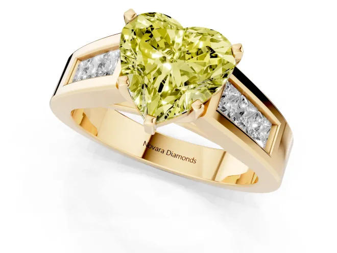 Fancy Yellow Heart Cut Diamond Solitaire Ring Set in Yellow gold with Channel-Set Accent Stones and Prong Setting – second view