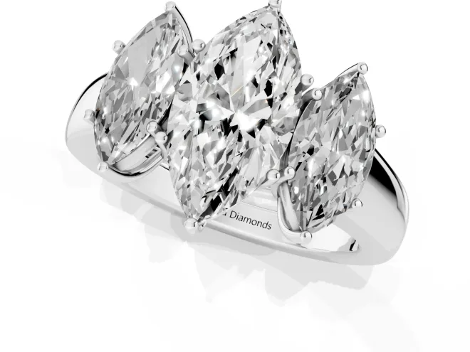 Three-Stone Marquise Cut Diamond Ring Set in White gold with Matching Prong Settings and Plain Band – second view