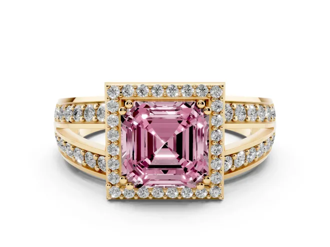Fancy Pink Asscher Cut Diamond Halo Ring Set in Yellow gold with Double Pavé Split Shank