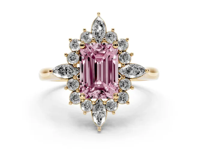Fancy Pink Emerald Cut Diamond Cluster Halo Ring Set in Yellow gold with Marquise and Round Accents