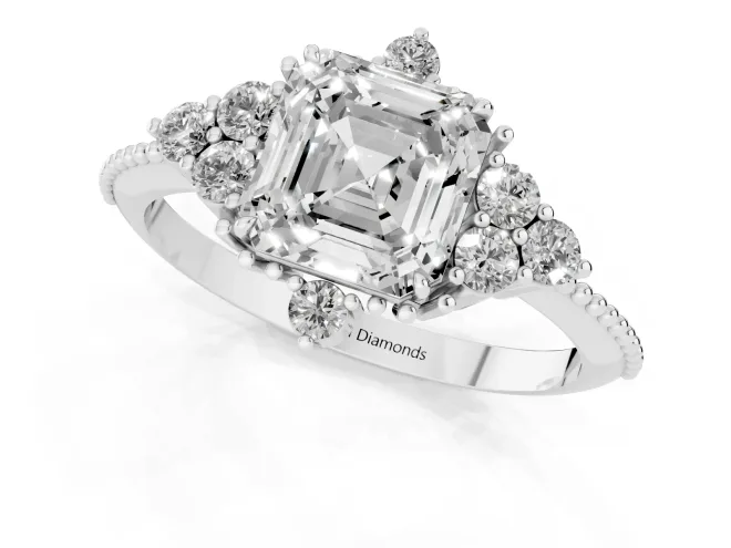 Asscher Cut Diamond Cluster Ring Set in Silver with Beaded Band – second view