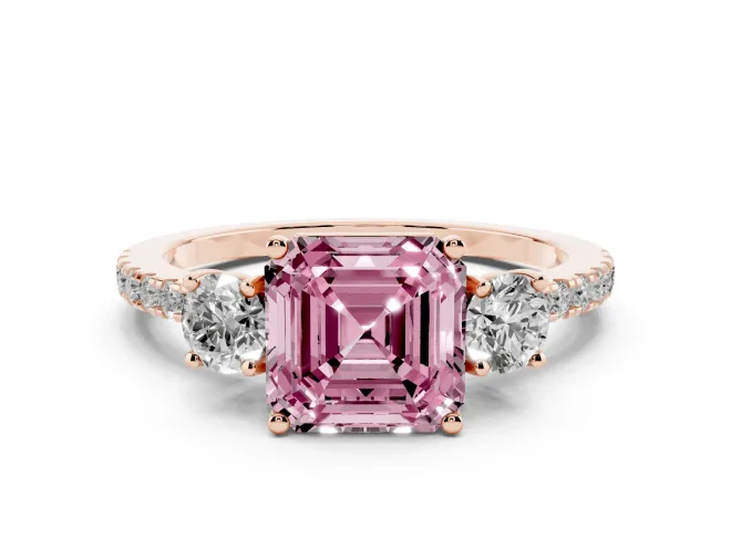 Asscher Cut Three Stone Engagement Ring Setting for a Fancy Pink Lab-Grown Diamond | Pavé Shoulders | Rose Gold