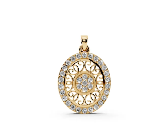 Round Lab-Grown Diamond Oval Filigree Cluster Pendant Necklace | Pavé Edge | Yellow Gold