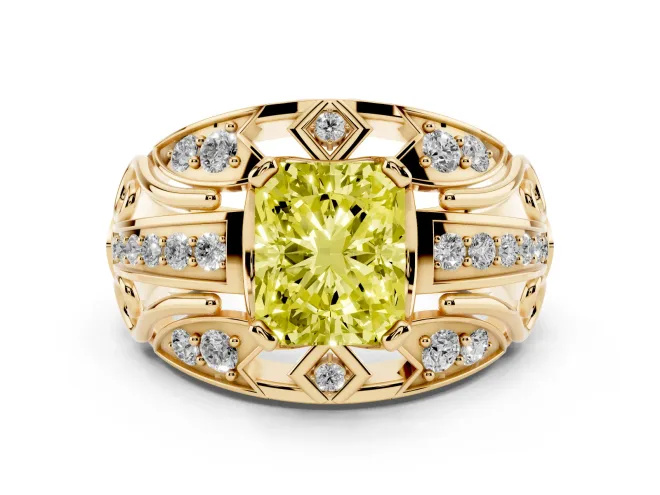 Fancy Yellow Radiant Cut Diamond Art Deco Ring Set in Yellow gold with Pavé Split Shank