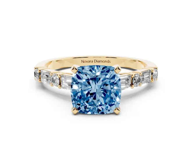 Cushion Cut Baguette Side Stone Engagement Ring Setting for a Fancy Blue Lab-Grown Diamond | Yellow Gold