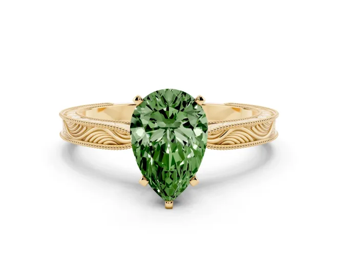 Pear-Shaped Engraved Engagement Ring Setting for a Fancy Green Lab-Grown Diamond | Yellow Gold