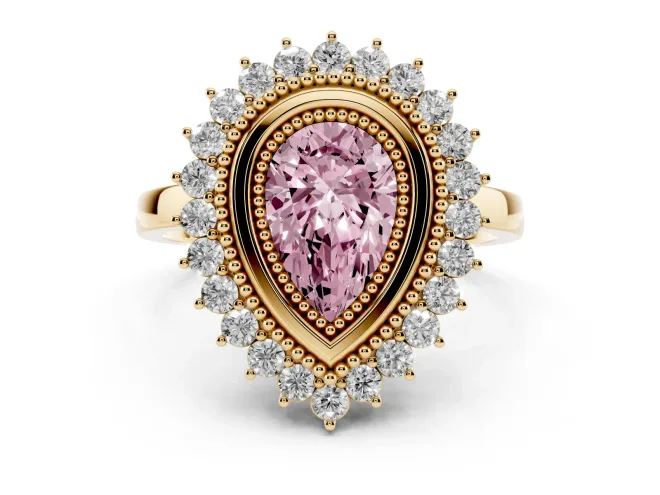 Pear-Shaped Bezel Halo Engagement Ring Setting for a Fancy Pink Lab-Grown Diamond | Yellow Gold