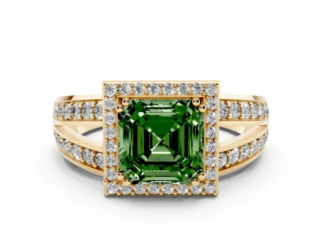 Asscher Cut Halo Engagement Ring Setting for a Fancy Green Lab-Grown Diamond | Two-Row Pavé Split Shank | Yellow Gold