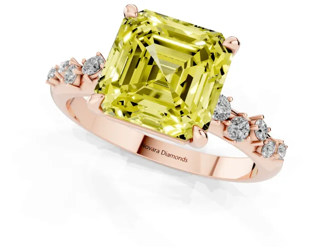 Fancy Yellow Asscher Cut Diamond Solitaire Vine Band Ring Set in Rose gold with Round Accents and Prong Setting – second view