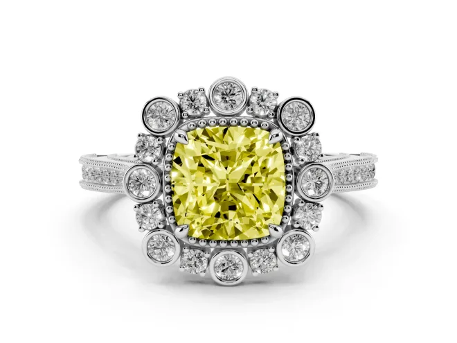 Cushion Cut Scalloped Halo Engagement Ring Setting for a Fancy Yellow Lab-Grown Diamond | Milgrain Edges | White Gold
