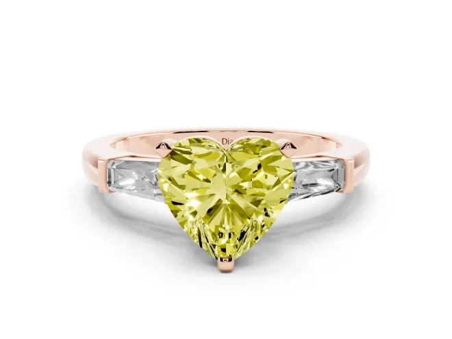 Heart-Shaped Three Stone Engagement Ring Setting for a Fancy Yellow Lab-Grown Diamond | Tapered Baguettes | Rose Gold