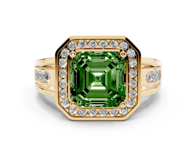 Fancy Green Asscher Cut Diamond Halo Ring Set in Yellow gold with Pavé and Bezel Accent Split Shank