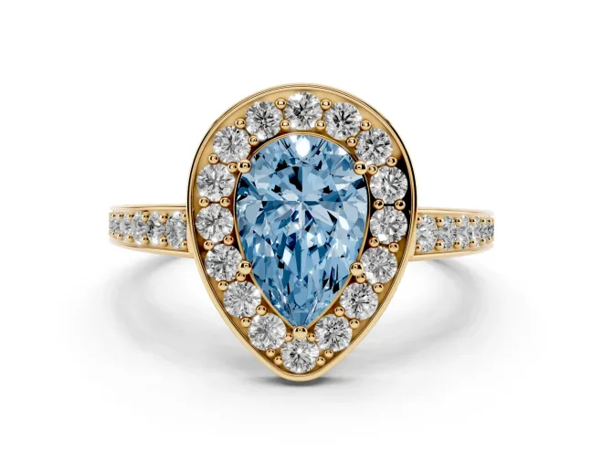 Pear-Shaped Framed Halo Engagement Ring Setting for a Fancy Blue Lab-Grown Diamond | Yellow Gold