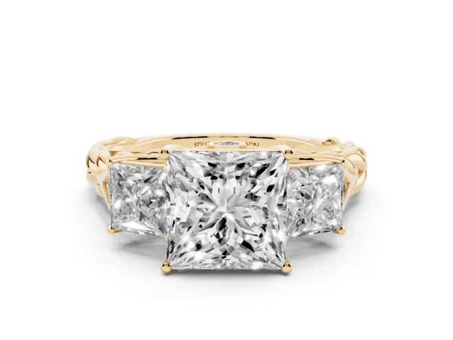 Princess Cut Three Stone Engagement Ring Setting | Braided Band | Yellow Gold