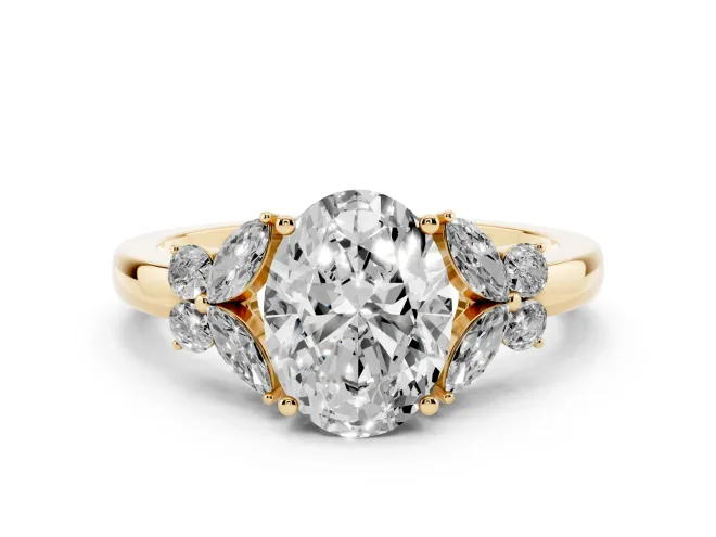 Oval Cut Diamond Solitaire Floral Ring Set in Yellow gold with Marquise Petals and Prong Setting