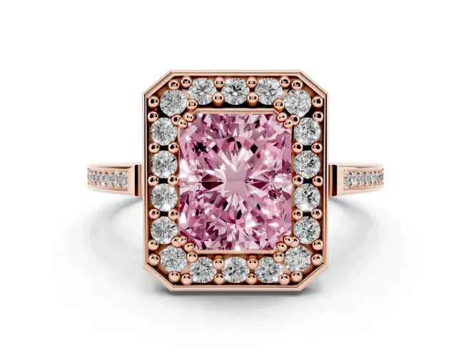 Radiant Cut Halo Engagement Ring Setting for a Fancy Pink Lab-Grown Diamond | Polished Halo Rim | Rose Gold
