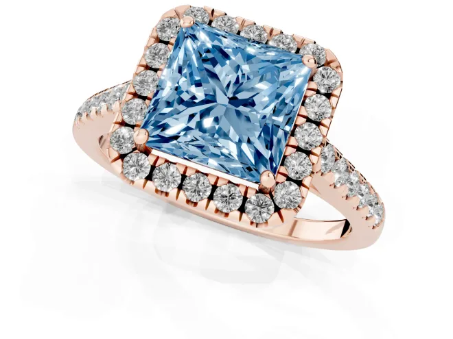 Fancy Blue Princess Cut Diamond Halo Pavé Engagement Ring Set in Rose gold with Prong Setting – second view