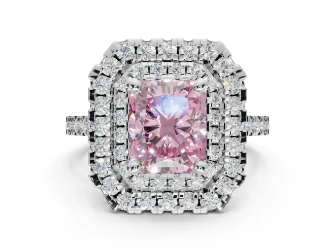 Radiant Cut Double Halo Engagement Ring Setting for a Fancy Pink Lab-Grown Diamond | Pavé Shoulders | White Gold