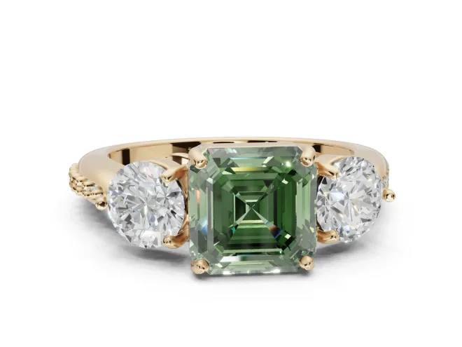 Asscher Cut Three Stone Engagement Ring Setting for a Fancy Green Lab-Grown Diamond | Tapered Pavé Band | Yellow Gold