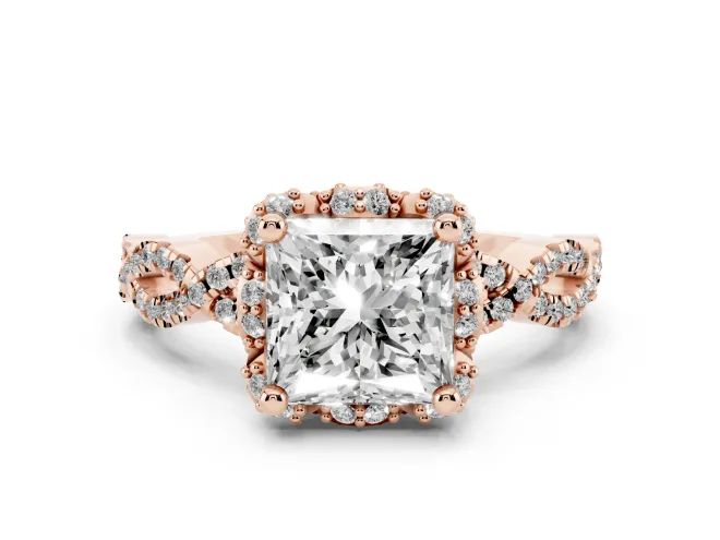 Princess Cut Milgrain Halo Engagement Ring Setting | Graduated Shoulders | Rose Gold