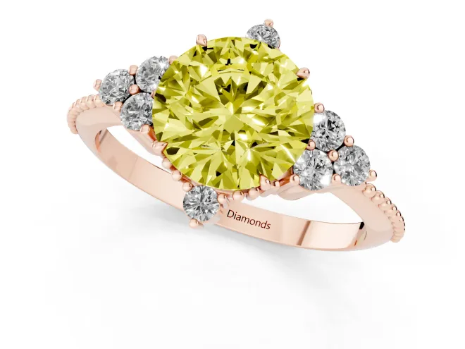Fancy Yellow Round Cut Diamond Cluster Ring Set in Rose gold with Beaded Band – second view