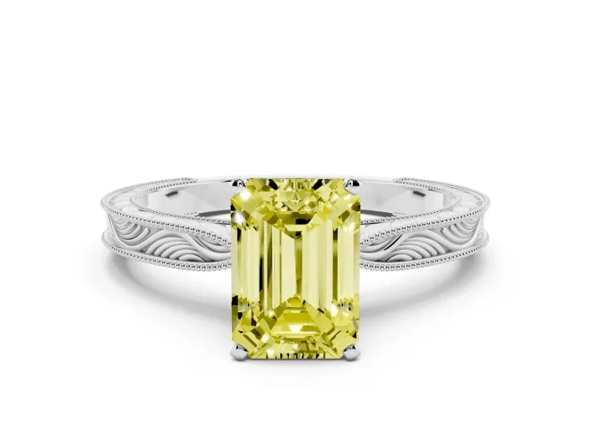 Emerald Cut Engraved Engagement Ring Setting for a Fancy Yellow Lab-Grown Diamond | Sterling Silver