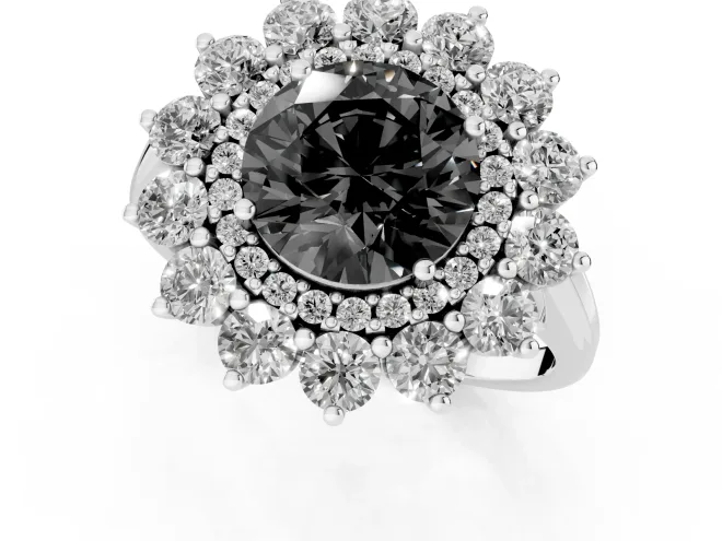 Fancy Black Round Cut Diamond Floral Double Halo Ring Set in White gold with Round Petals – second view
