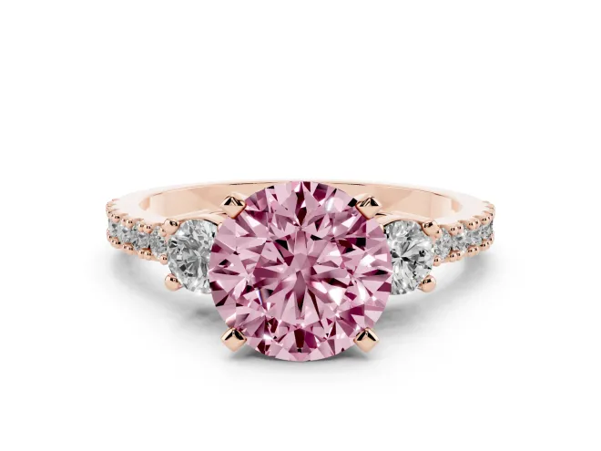 Round Three Stone Engagement Ring Setting for a Fancy Pink Lab-Grown Diamond | Pavé Band | Rose Gold