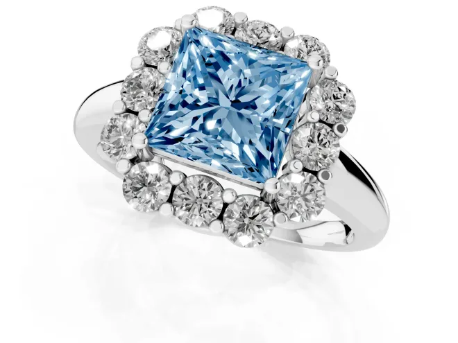 Fancy Blue Princess Cut Diamond Milgrain Halo Solitaire Ring Set in Platinum with Bezel Set Side Stones and Pavé Band – second view