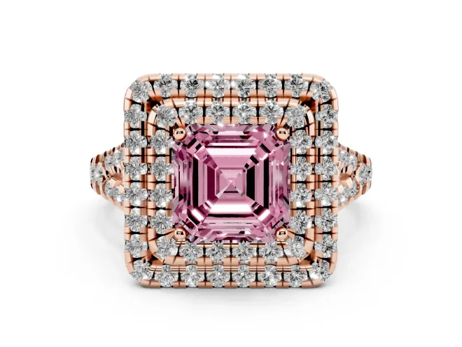 Fancy Pink Asscher Cut Diamond Double Halo Ring Set in Rose gold with Pavé Split Shank and Prong Setting