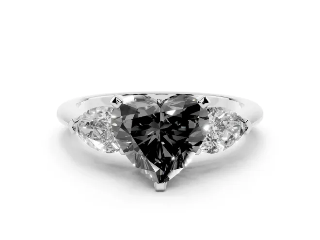 Heart-Shaped Three-Stone Engagement Ring Setting for a Black Center | Pear Side Stones | Platinum